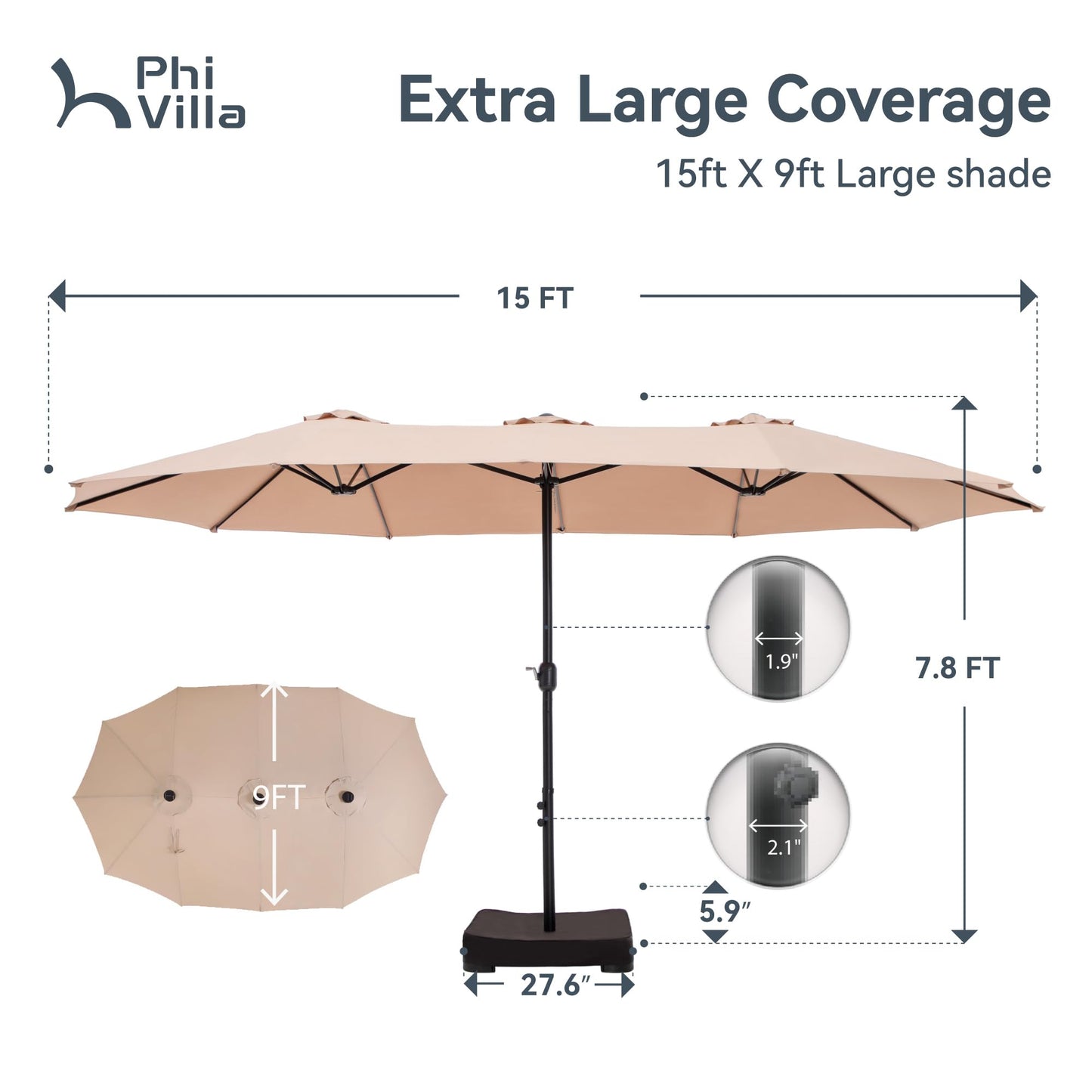 PHI VILLA 15ft Large Patio Umbrellas with Base Included, Outdoor Double-Sided Rectangle Market Umbrella with Stand, Outside Umbrellas for Poolside Lawn Backyard, Beige