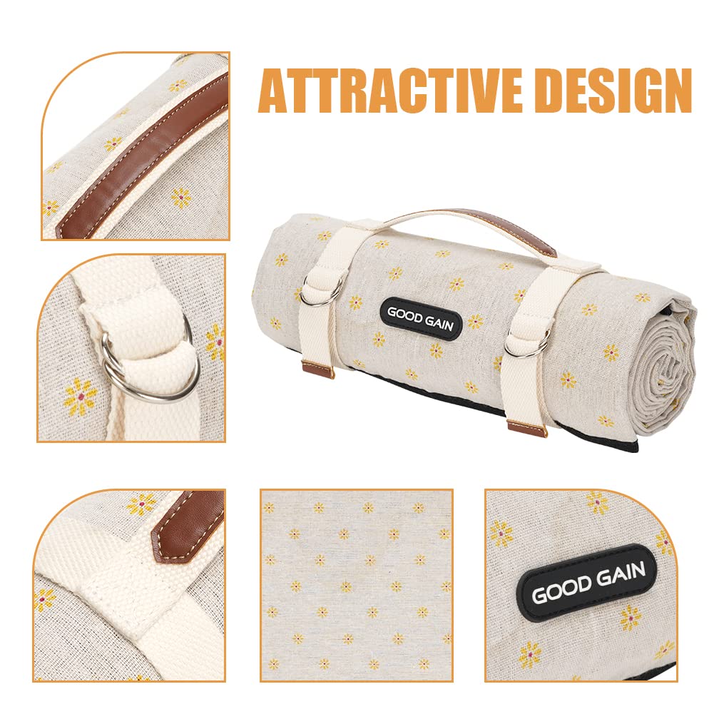 Picnic Outdoor Blankets Waterproof Large - Beach Mat Sand Free Foldable with Carry Strap | Portable Camping Blanket | Park Blanket for Grass Park, Hiking, Travel, Concerts, Indoor (Yellow Flower)