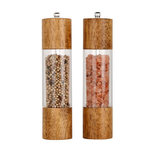 Premium Acrylic Salt and Pepper Grinder Set, Manual Salt and Pepper Mills- Wooden Shakers with Adjustable Ceramic Core-Salt Grinder and Pepper Mill -8 Inches-Pack of 2