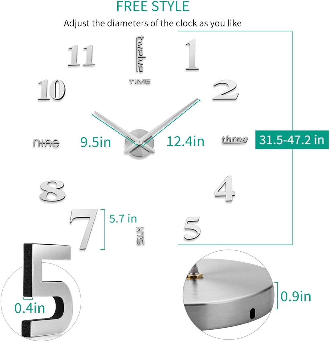 AILILIFE 3D DIY Wall Clock Decor Sticker Mirror Frameless Large DIY Wall Clock Kit for Home Living Room Bedroom Office Decoration (Sliver)