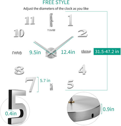 AILILIFE 3D DIY Wall Clock Decor Sticker Mirror Frameless Large DIY Wall Clock Kit for Home Living Room Bedroom Office Decoration (Sliver)