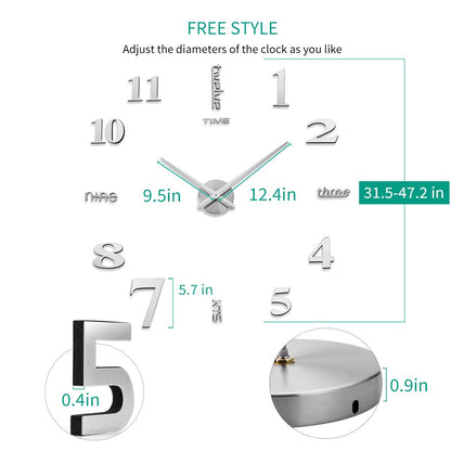 AILILIFE 3D DIY Wall Clock Decor Sticker Mirror Frameless Large DIY Wall Clock Kit for Home Living Room Bedroom Office Decoration (Sliver)