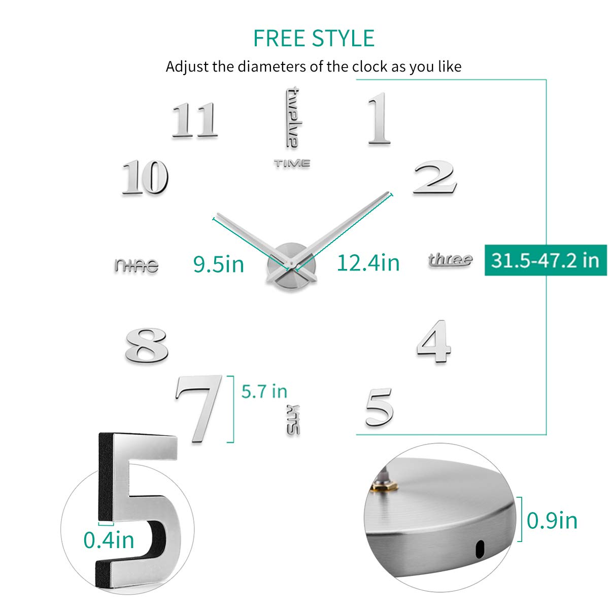 AILILIFE 3D DIY Wall Clock Decor Sticker Mirror Frameless Large DIY Wall Clock Kit for Home Living Room Bedroom Office Decoration (Sliver)