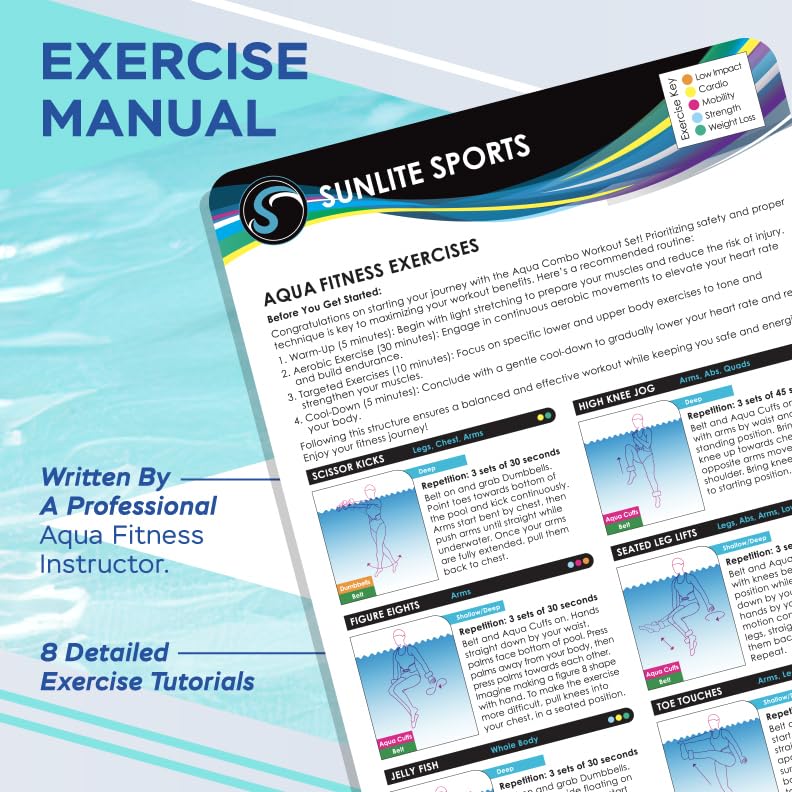 Sunlite Sports Water Workout Combo Set, Aqua Dumbbells, Swim Belt and Aqua Cuffs, Water Weights for Pool Exercise, Water Aerobics Equipment, High-Density EVA Foam for Aqua Jogging and Therapy