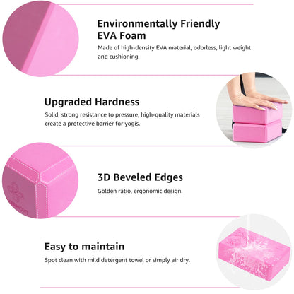 Overmont Yoga Block 2 Pack Supportive Latex-Free EVA Foam Soft Non-Slip Surface for General Fitness Pilates Stretching and Meditation 9"x6"x3" Yoga Strap Included (Pink)
