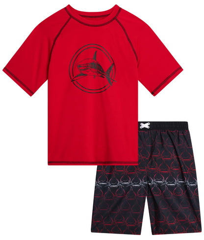 iXtreme Boys Rash Guard Set - 2 Piece UPF50+ Sun Protection Quick Dry Short Sleeve Swim Shirt & Swim Trunks for Boys (12M-14), Size 10/12, Red Black Shark