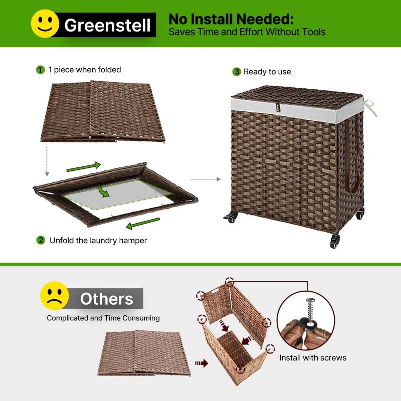 Greenstell Laundry Hamper with Wheels, No Install Needed, 110L Divided Handwoven Hampers & 2 Removable Liner Bags, Rattan Clothes Laundry Basket with Lid & Handles, Foldable Hampers Brown 22x13x26.4In