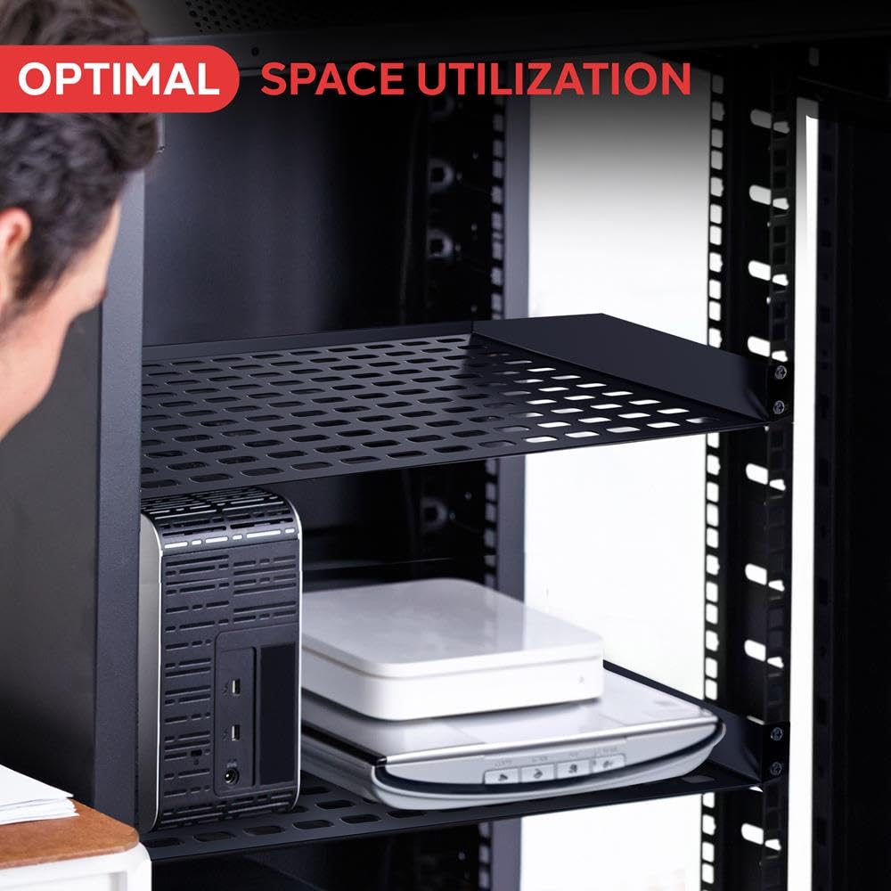 Pyle 2-Pc 1U Server Rack Shelf, Vented Shelves for Good Air Circulation, Cantilever Mount, Wall Mount Rack, Universal Device, Cabinet Shelf, Computer Case Mounting Tray, Black-Pyle PLRSTN14UX2