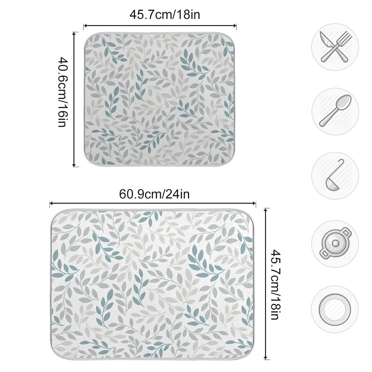 Grey and Blue Leaves branches Dish Drying Mat 18x24 for Kitchen Gray Leaves Botanical Spring Flowers Dishes Pad Dish Drainer Rack Mats Absorbent Fast Dry Kitchen Accessories