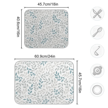 Grey and Blue Leaves branches Dish Drying Mat 18x24 for Kitchen Gray Leaves Botanical Spring Flowers Dishes Pad Dish Drainer Rack Mats Absorbent Fast Dry Kitchen Accessories