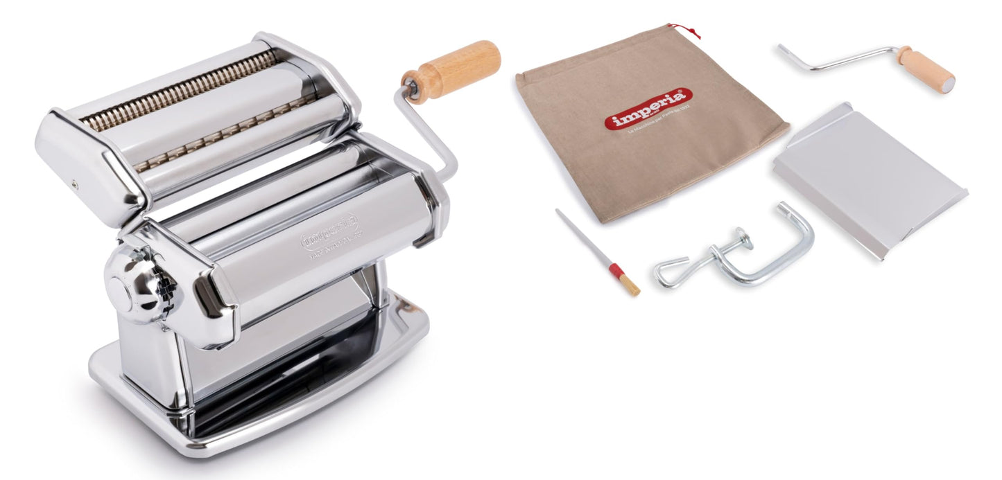 Imperia Pasta Maker Machine- 100% Made in Italy, Heavy Duty Steel Construction, Easy Lock Dial, Wood Grip Handle & Cleaning Brush- Fresh Homemade Italian Spaghetti Fettuccine or Lasagna (Classic Line)