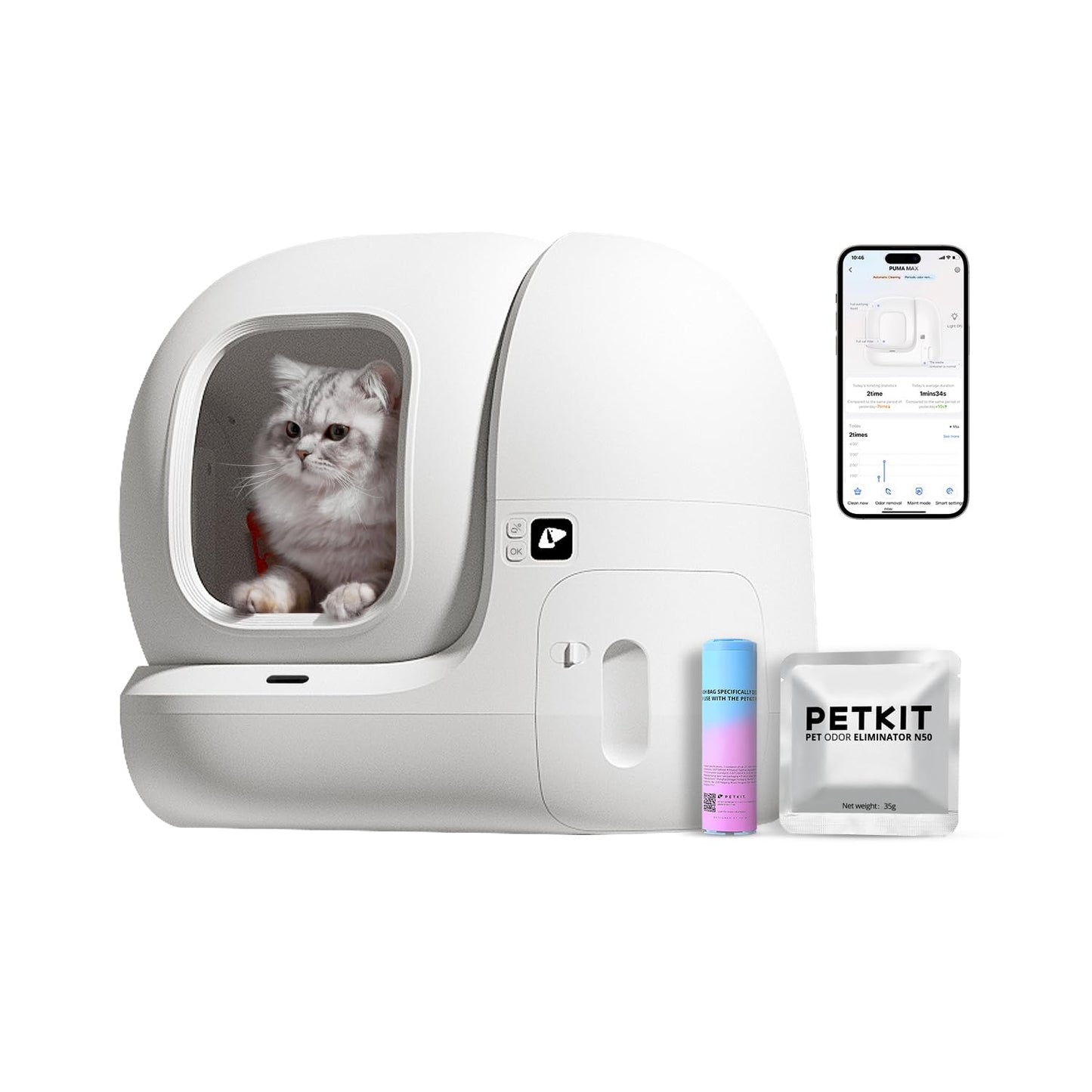 PETKIT PuraMax Self Cleaning Litter Box with N50 Odor Eliminator, xSecure Automatic Scooping, Large Space Cat Box with Waste Bags