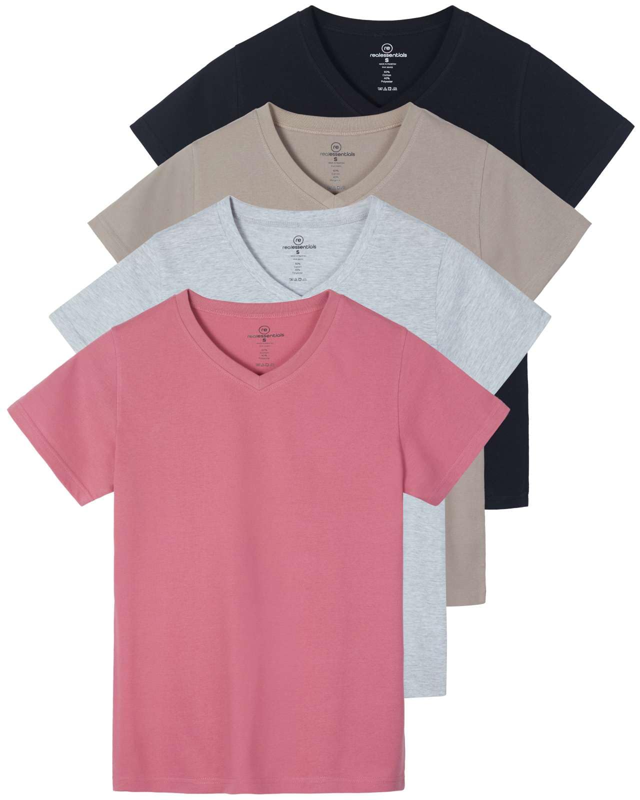 Real Essentials 4 Pack: Women's Classic-Fit Cotton Short-Sleeve V-Neck T-Shirt (Available in Plus Size)
