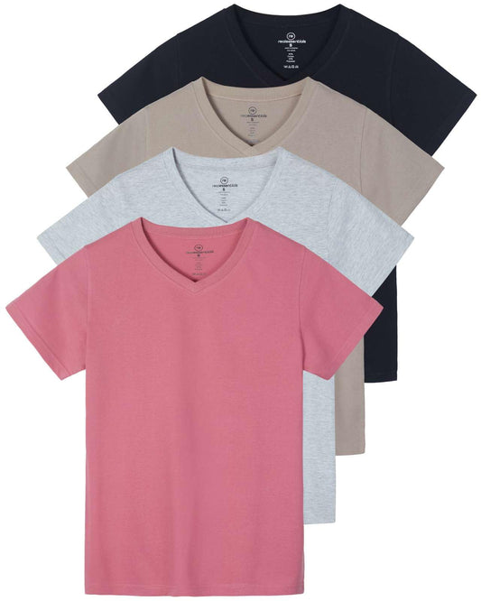 Real Essentials 4 Pack: Women's Classic-Fit Cotton Short-Sleeve V-Neck T-Shirt (Available in Plus Size)