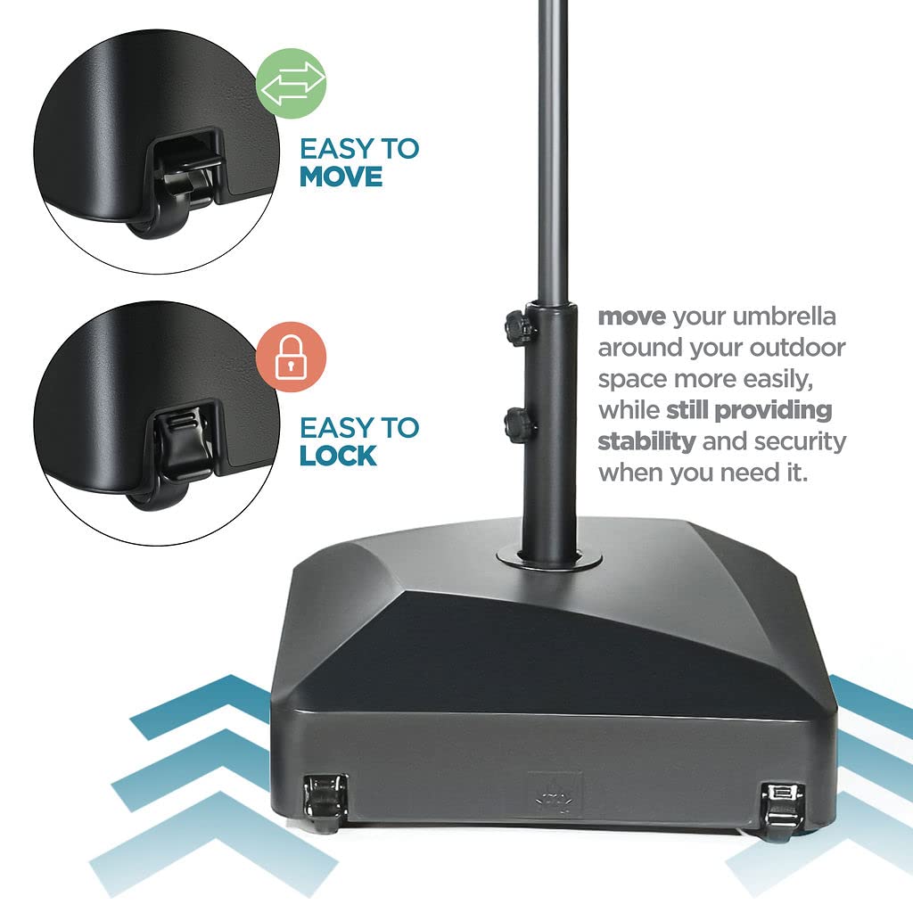 maple99 Umbrella Base - Fillable Umbrella Pole Holder 2 Knobs, with Heavy Duty Windproof Design for Patio, Deck, Poolside, Garden. 4 Wheels, 2 Locks, Holds 125 lbs, Classic Black