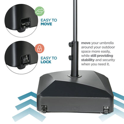 maple99 Umbrella Base - Fillable Umbrella Pole Holder 2 Knobs, with Heavy Duty Windproof Design for Patio, Deck, Poolside, Garden. 4 Wheels, 2 Locks, Holds 125 lbs, Classic Black