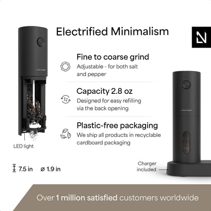 LARS NYSØM Electric Salt and Pepper Grinder Set I Automatic Salt and Pepper Mills with Adjustable Ceramic Grinder I USB Rechargeable Electric Spice Mill Set (Carbon Black)