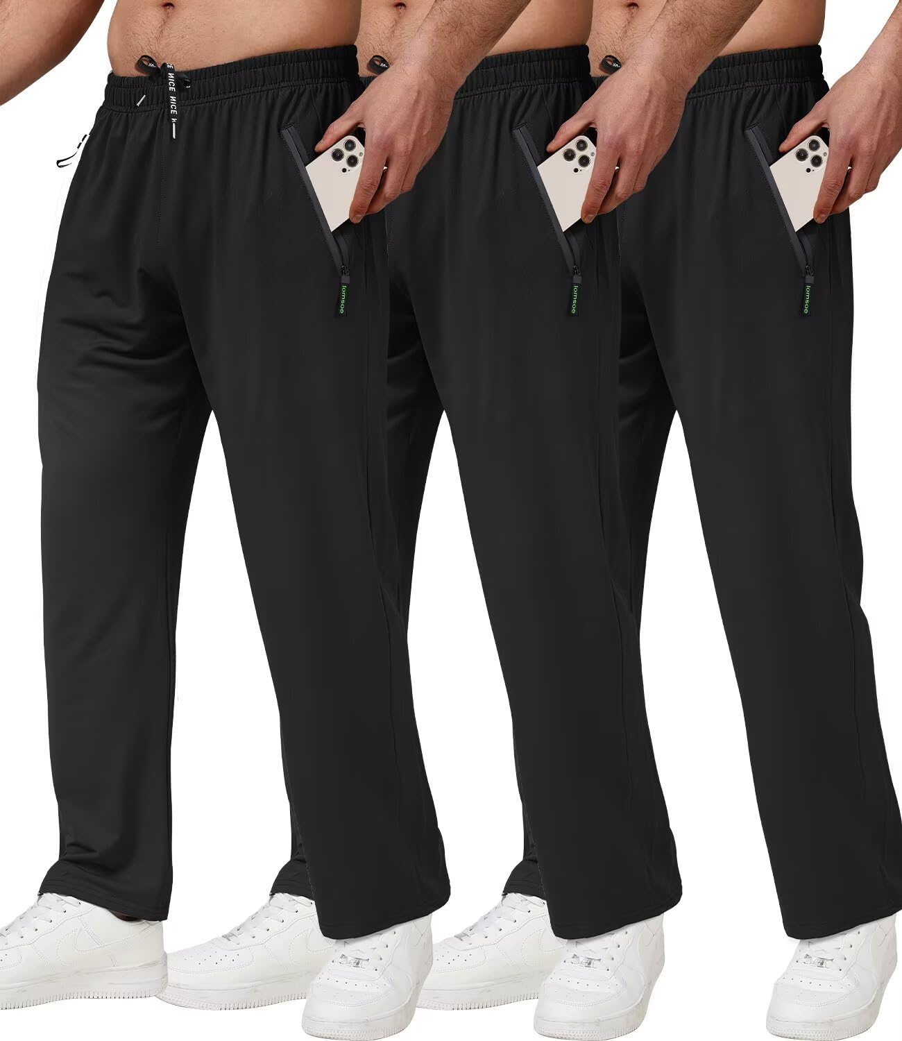 lomsoe 3 Pack Mens Athletic Pants with Zip Pockets Lightweight Sweatpants for Men Joggers Pants Quick Dry Workout Sweat Pants(Black,Black,Black,M)