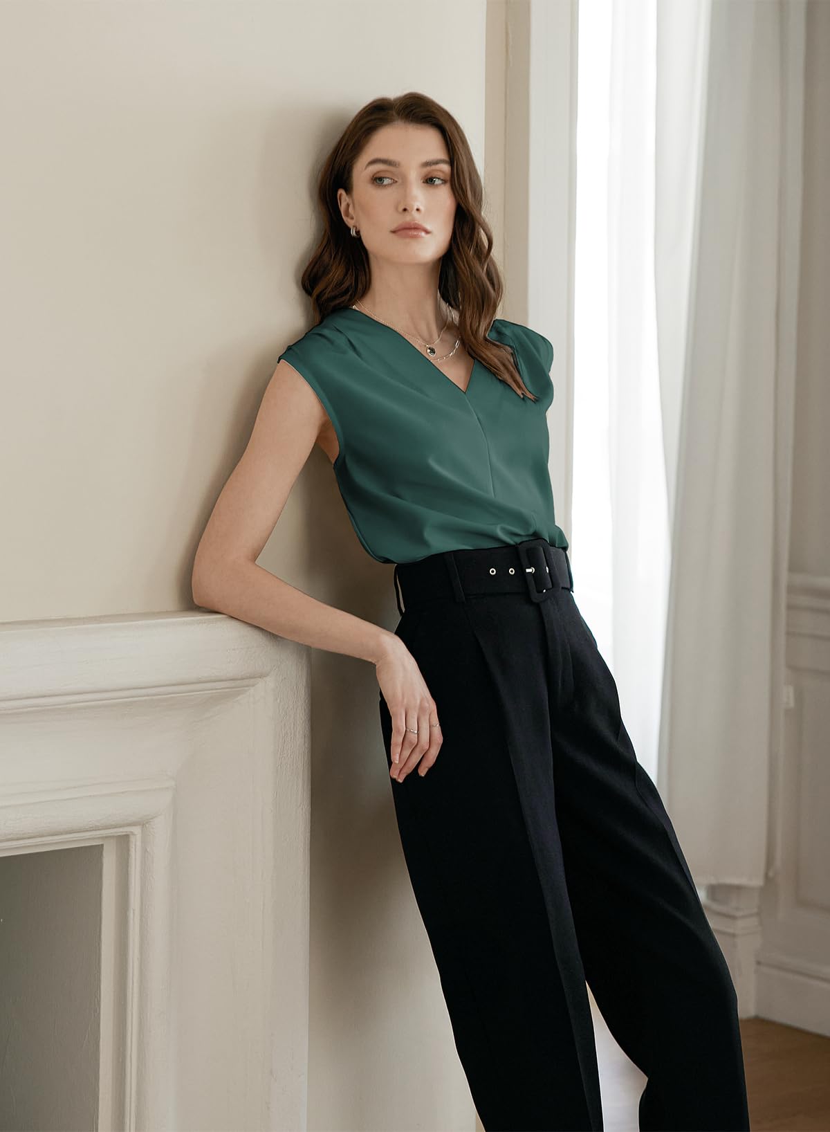 EVALESS Tank Tops for Women Trendy 2025 V Neck Pleated Sleeveless Shirts Loose Fit Summer Basic Work Vest Sea Green M