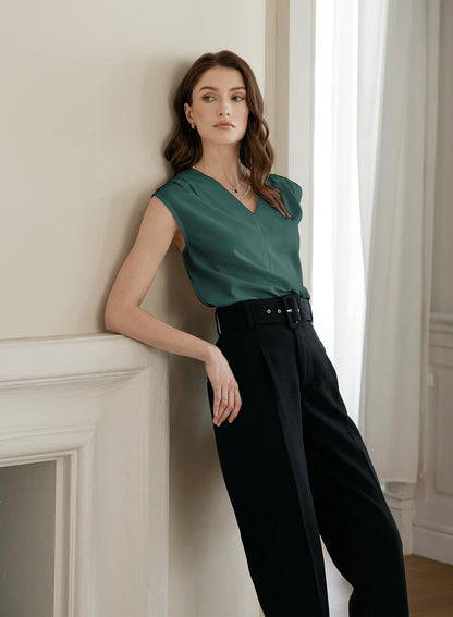 EVALESS Tank Tops for Women Trendy 2025 V Neck Pleated Sleeveless Shirts Loose Fit Summer Basic Work Vest Sea Green M