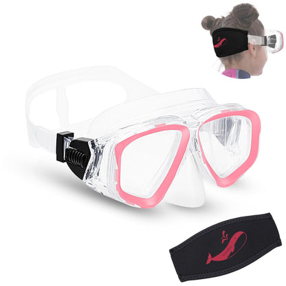 OMGear Kids Swimming Silicone Swim Mask Snorkeling Gear for Kids Tempered Glass Snorkel Goggles with Nose Cover Scuba Diving Goggles with Cute Neoprene Mask Strap Cover (Pink)