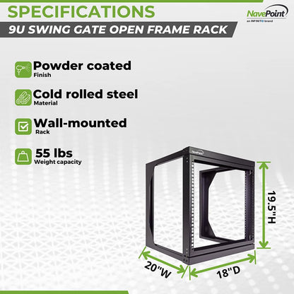 NavePoint 9U Open-Frame Server Rack for 19" IT Network Equipment & A/V Devices Free Standing or Wall Mount with 180 Degrees Gate Swing, Black