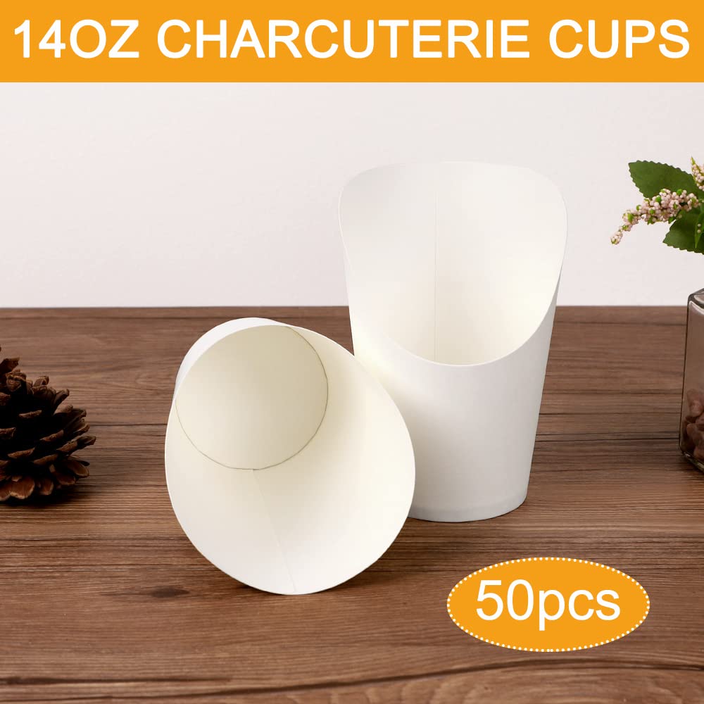 KINGZHUO 50pcs French Fries Holder 14oz Charcuterie Cups Disposable Take-out Party French Fry Cups Waffle Paper Popcorn Boxes Sandwich Paper Cups Holder Wedding Food Trays Paper Cones for Food (White)