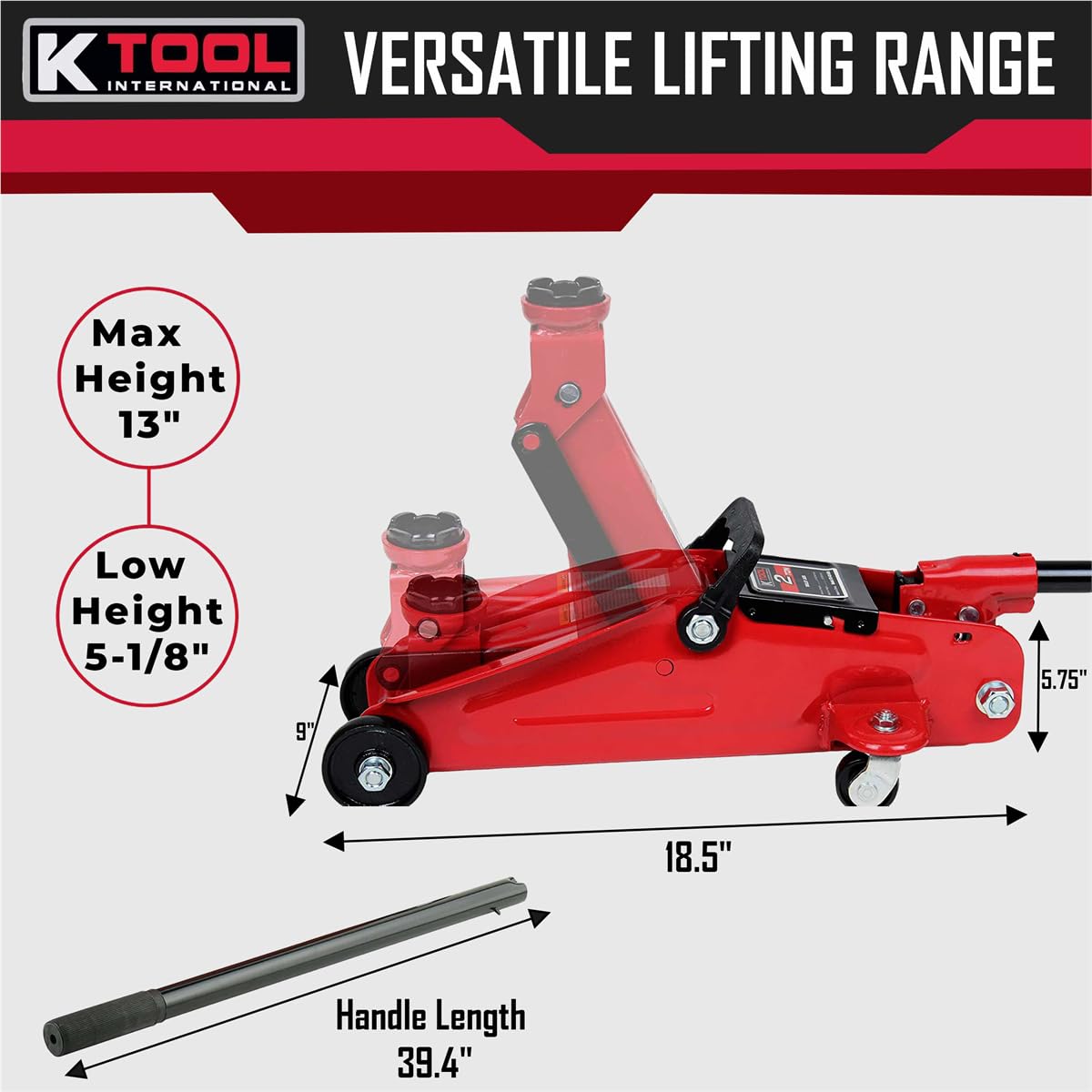 K Tool International 63103A 2 Ton Automotive Trolley Floor Jack for Garages, Repair Shops, and DIY, Portable, Compact, 4,000 lbs. Capacity, Hydraulic Lifting Range 5.125" - 13", Heavy Duty Steel, Red