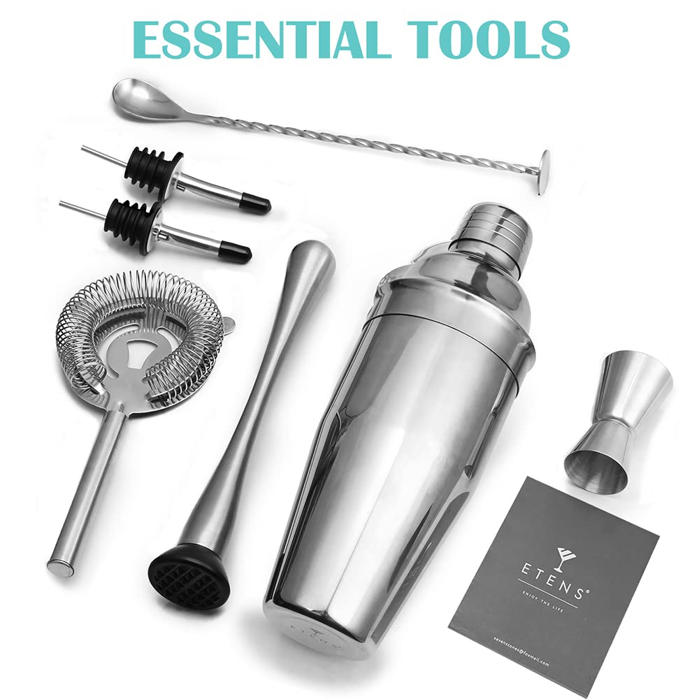 Etens Cocktail Shaker Set & Bar Kit – 24 oz Stainless Steel Drink Mixer Martini Shaker for Bartender – Complete Cocktail Kit w/Strainer, Muddler, Alcohol Mixer Tools