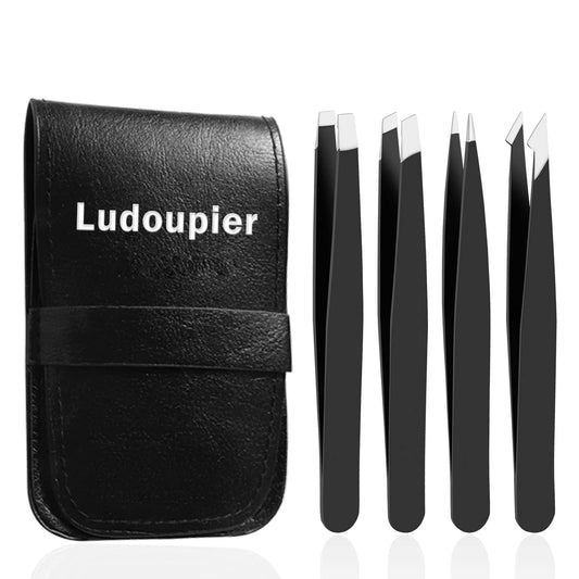 LUDOUPIER [4+1 Pieces] Tweezers Set with Travel Case, Great Precision Upgrade Professional Anti-rust Alloy Tweezers for Women & Men Multi-purpose as Eyebrows Facial Hair Ingrown Hair Removal