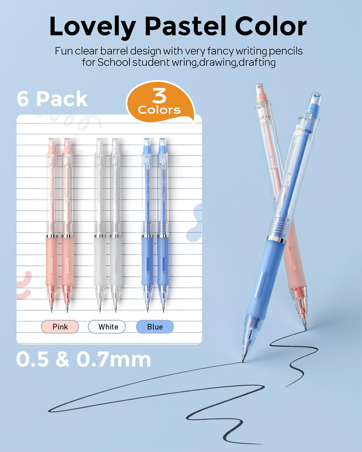 Nicpro 23PCS Pastel Mechanical Pencil 0.5 & 0.7 mm with Case for School, with 12 tubes HB Lead Refills, 3 Erasers, 9 Eraser Refills For Student Writing, Drawing, Sketching, Blue & Pink & White Colors