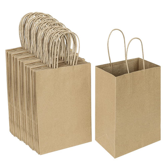 Oikss 100 Pack 5.25x3.25x8.25 Inch Small Plain Natural Kraft Paper Gift Bags with Handles Bulk for Birthday Party Favors Grocery Retail Shopping Business Goody Craft Bags Cub Sacks (Brown 100 Count)