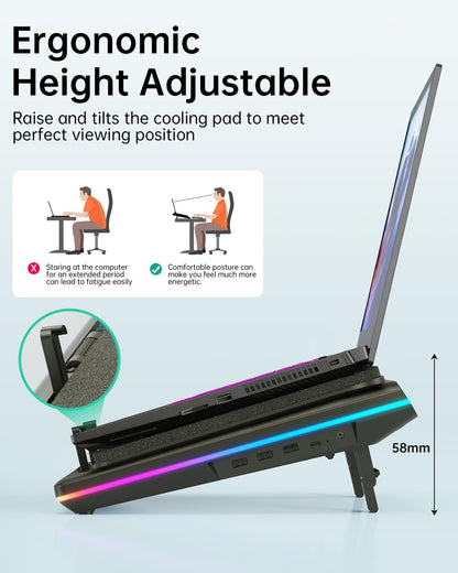 llano V12 RGB Laptop Cooling Pad, Gaming Laptop Cooler with 5.5 Inch Powerful Turbofan, Fast Cooling Laptop 15.6-21in, Adjustable Speed, Touch Control, LCD Screen, Black