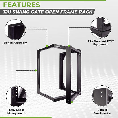 NavePoint 12U Open Frame Server Rack for 19" IT Network Equipment & A/V Devices, Free Standing or Wall Mount Rack with 180 Degrees Gate Swing, Black
