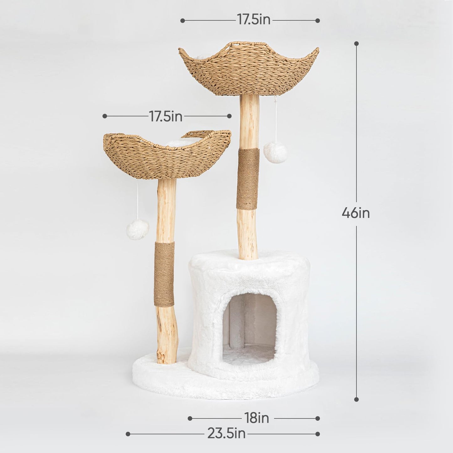 Pisarry Cat Tree Tower, 46 inch Modern Cat Tree for Indoor Cats Large Adult, Luxury Cat Condo with Scratching Post, Real Solid Wood Branch Indoor Boho Furniture, Climbing Tower, White