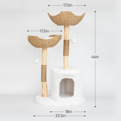 Pisarry Cat Tree Tower, 46 inch Modern Cat Tree for Indoor Cats Large Adult, Luxury Cat Condo with Scratching Post, Real Solid Wood Branch Indoor Boho Furniture, Climbing Tower, White