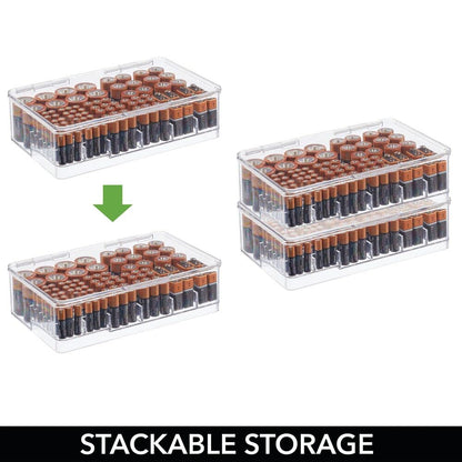 mDesign Plastic Large Stackable Divided Battery Storage Organizer Box with Hinged Lid for AA, AAA, C, D, 9 Volt Sizes, Great Storage for Kitchens, Home Offices, and Utility Rooms - Clear