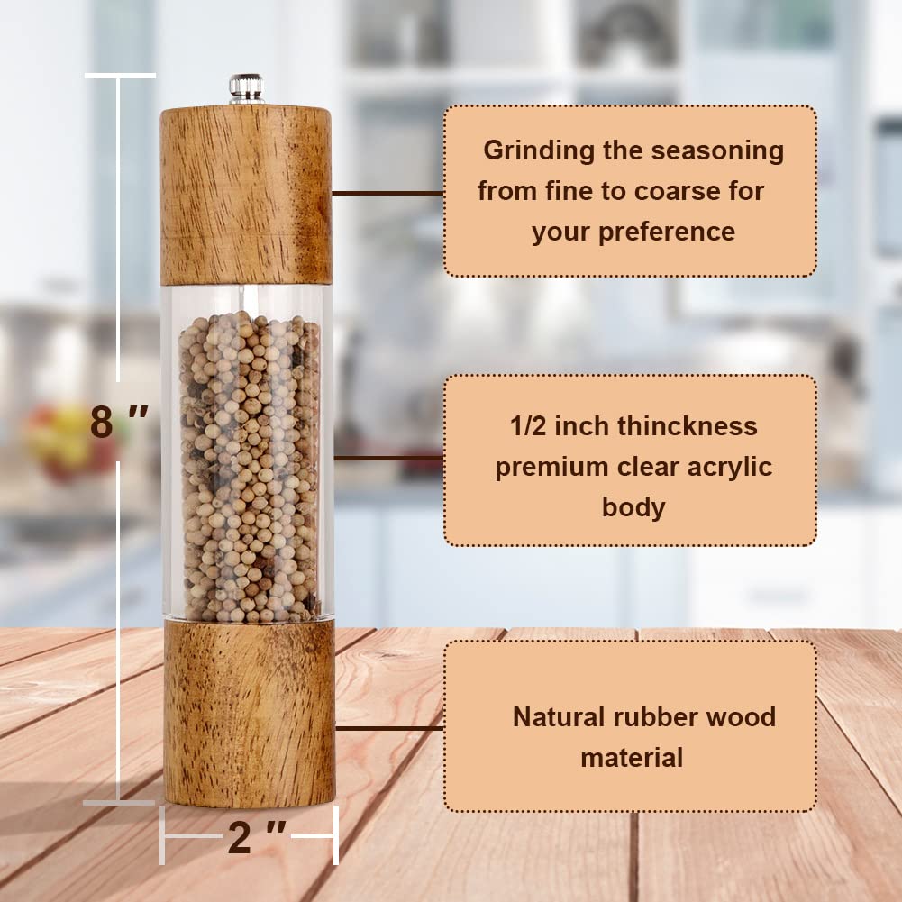 Premium Acrylic Salt and Pepper Grinder Set, Manual Salt and Pepper Mills- Wooden Shakers with Adjustable Ceramic Core-Salt Grinder and Pepper Mill -8 Inches-Pack of 2