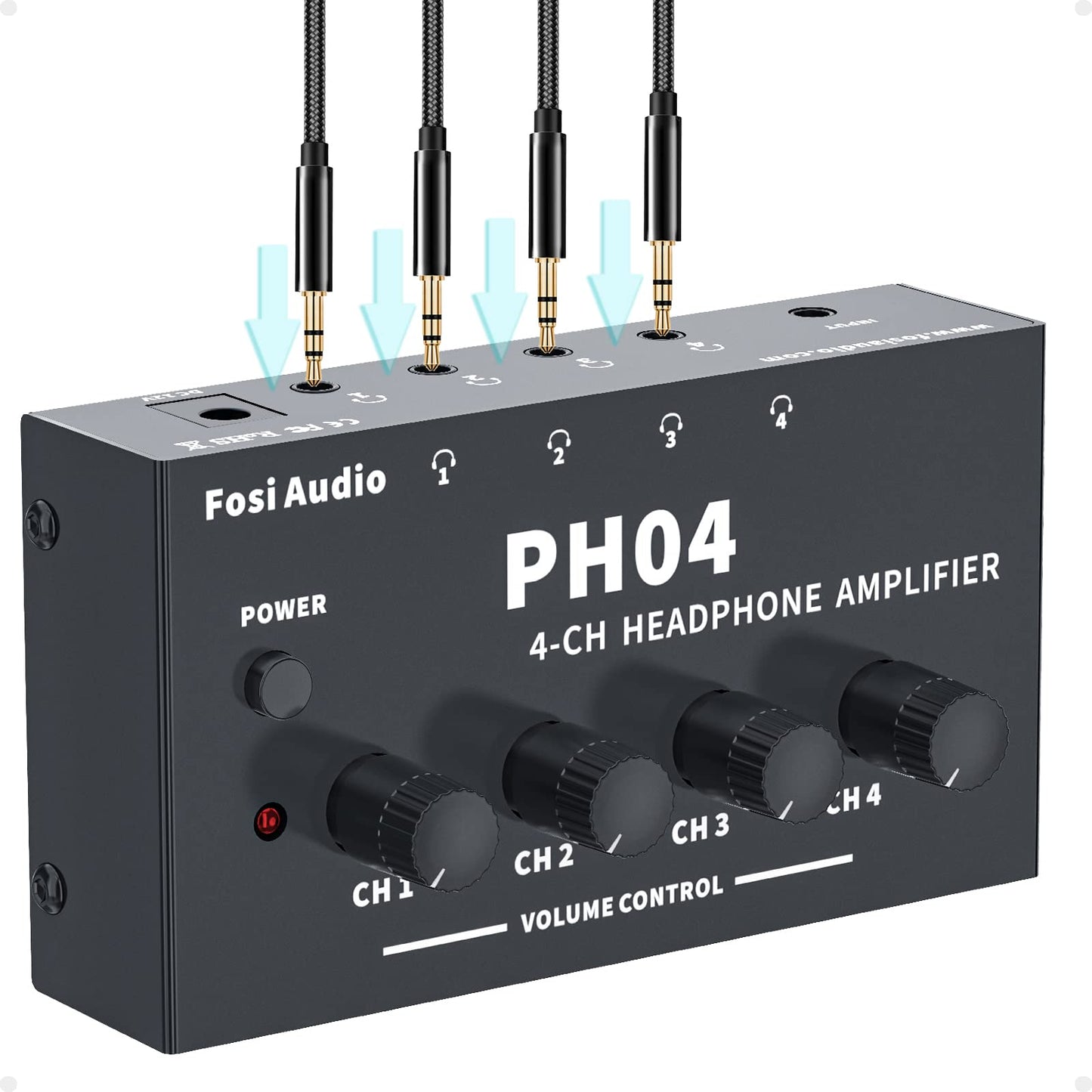 Fosi Audio PH04 4 Channel Headphone Amplifier Stereo Audio Amp with 12V 1A Power Adapter Ultra-Compact Portable Headphone Splitter for Studio and Stage