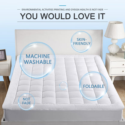 Queen Mattress Pad Cover Cooling Mattress Topper Pillow Top with Down Alternative Fill (8-21” Fitted Deep Pocket Queen Size) White