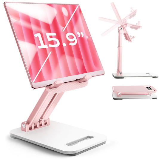 LISEN Tablet Stand for iPad Stand Holder Desk, Foldable Home Office Desk Accessories Travel for iPad Holder Dorm College Essentials Portable Monitor Pink Sorbet for Girls