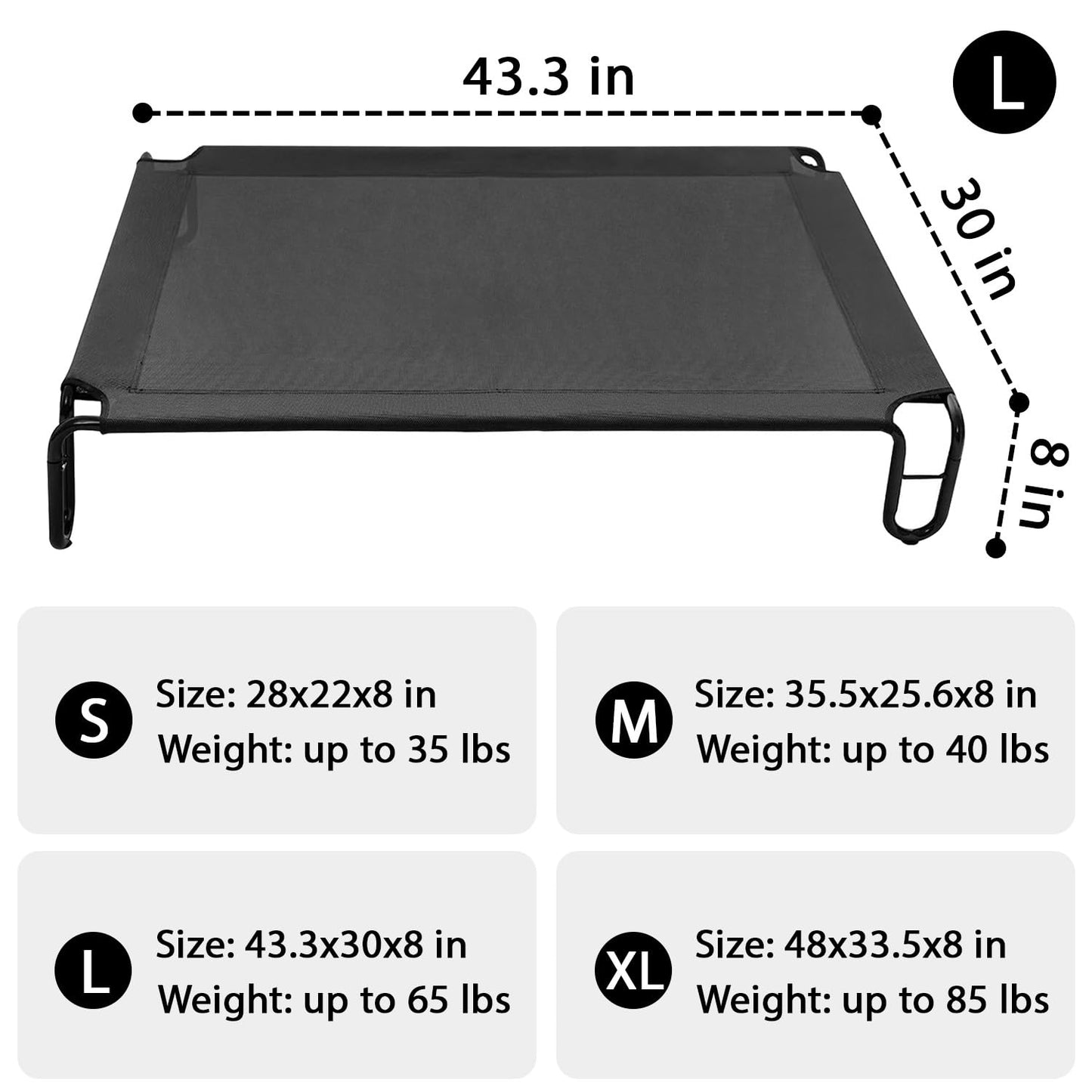 pettycare Elevated Outdoor Dog Bed - Raised Bed for Large Dogs, Waterproof Cot Easy to Assemble, Cooling Elevated Cot with Breathable Teslin Mesh, Durable, Non Slip, Up to 65 lbs,Black