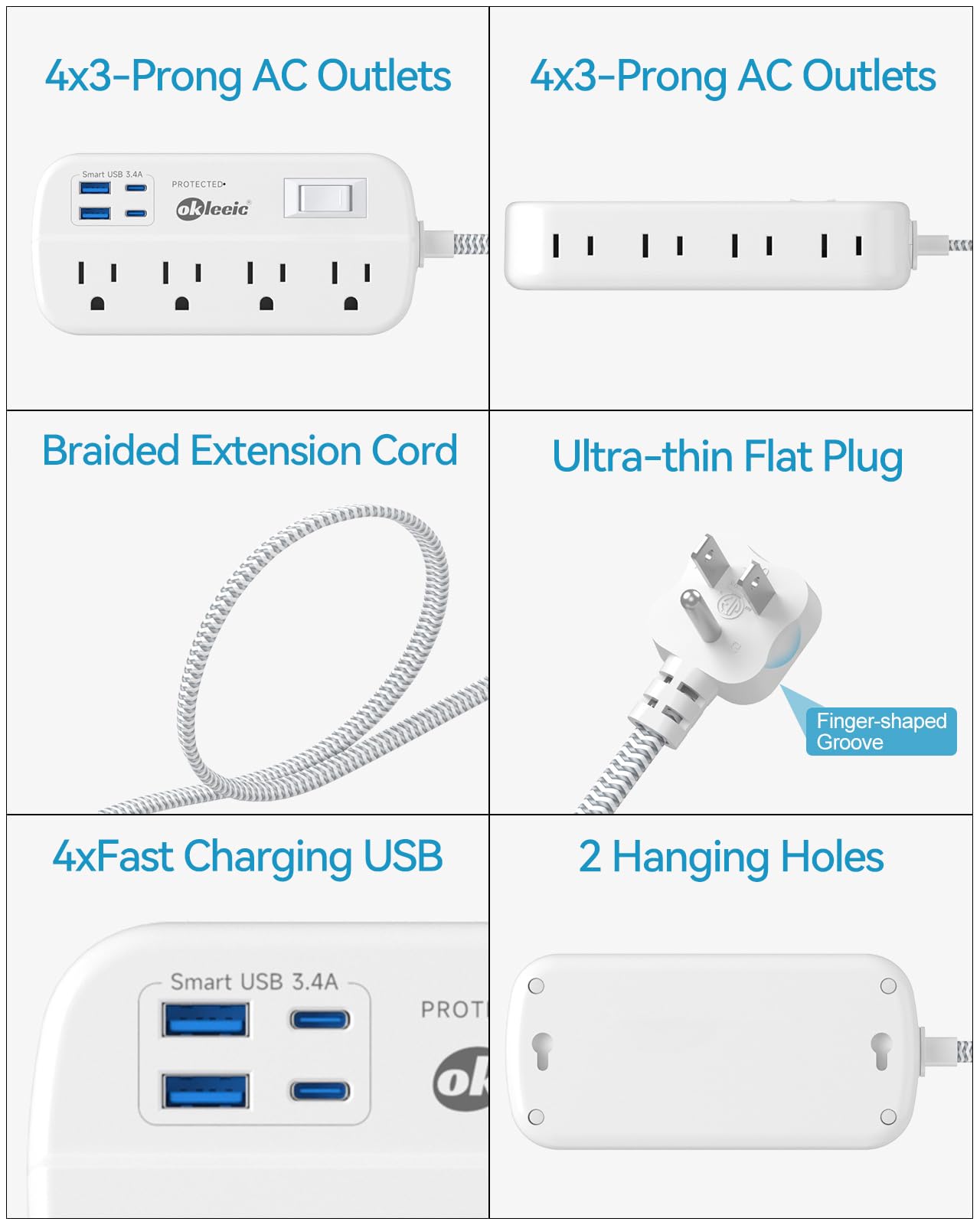 Power Strip with USB, 5Ft Travel Power Strip Surge Protector with 8 Outlets 4 USB(3.4A/17W) Charging Station, 13A/1625W 3 Prong Small Extension Cord Outlet Splitter, Wall Mount for Travel Office Dorm