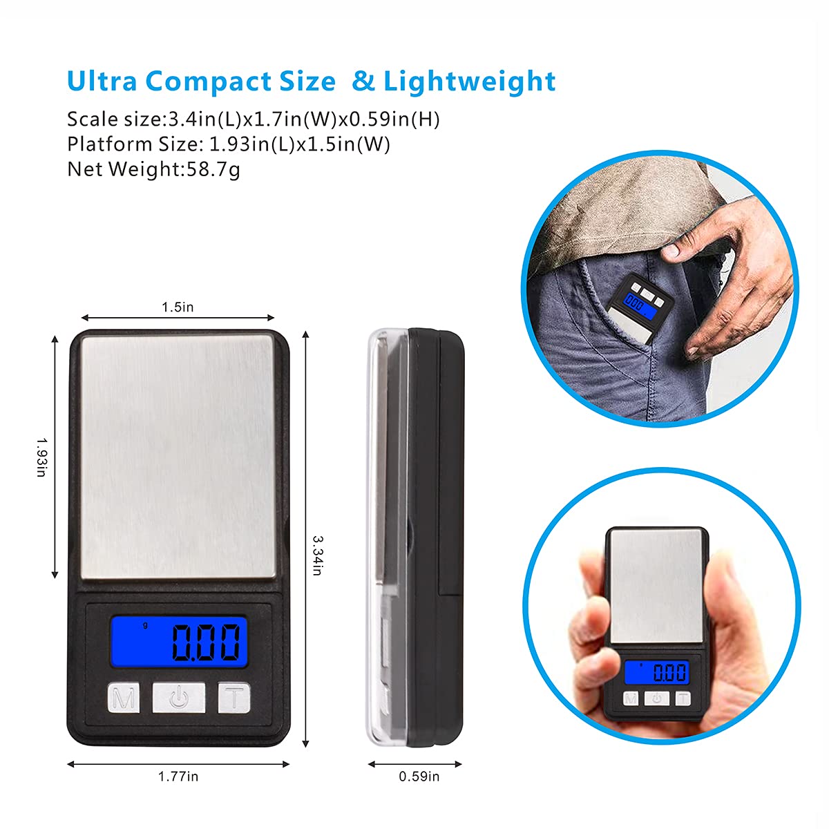 Fuzion Ultra Mini Gram Scale, 100/0.01g Mini Scale, Digital Pocket Scale, Small Jewelry Scale with Tray, Food Scale with 6 Units Conversion, Tare, LCD Display