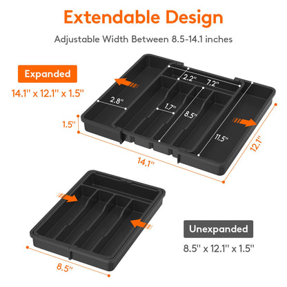 Lifewit Medium Silverware Drawer Organizer, Expandable Utensil Tray for Kitchen, BPA Free Flatware and Cutlery Holder, Adjustable Plastic Storage for Spoons Forks Knives, Black