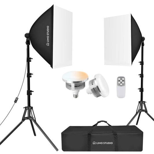 LimoStudio (LED Super Bright) 3400W Output Remote Control, 22 x 32 inch Softbox 85W Bulbs Light Kit, 3000K-5500K Adjustable Color & Brightness, 12600 Lumen, CRI>95, Soft Box Diffuser, AGG3214