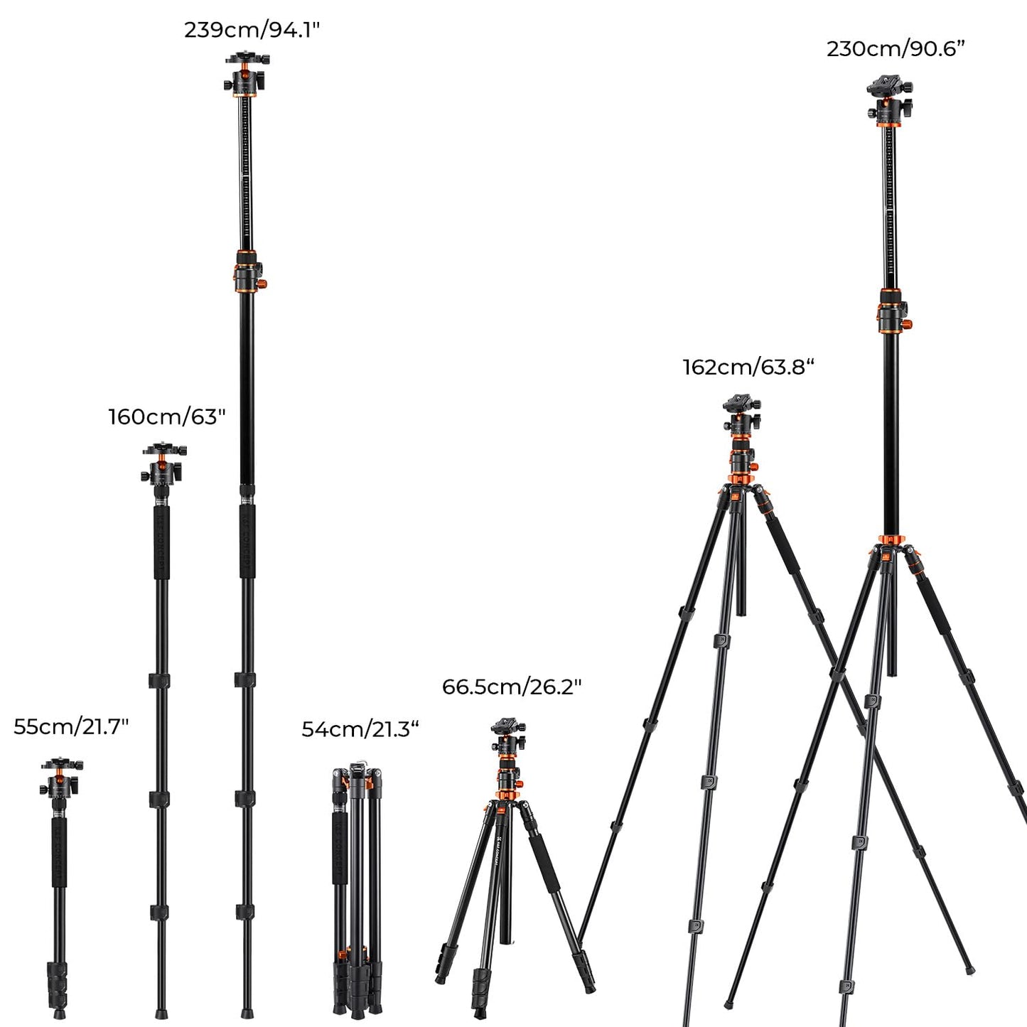 K&F Concept 90 inch/230cm Ultra High Camera Tripod,Horizontal Overhead Shooting Travel Tripods with Metal Ball Head 10KG Load Capacity,Detachable Monopod, for Indoor and Outdoor Use T254A7+BH-28L