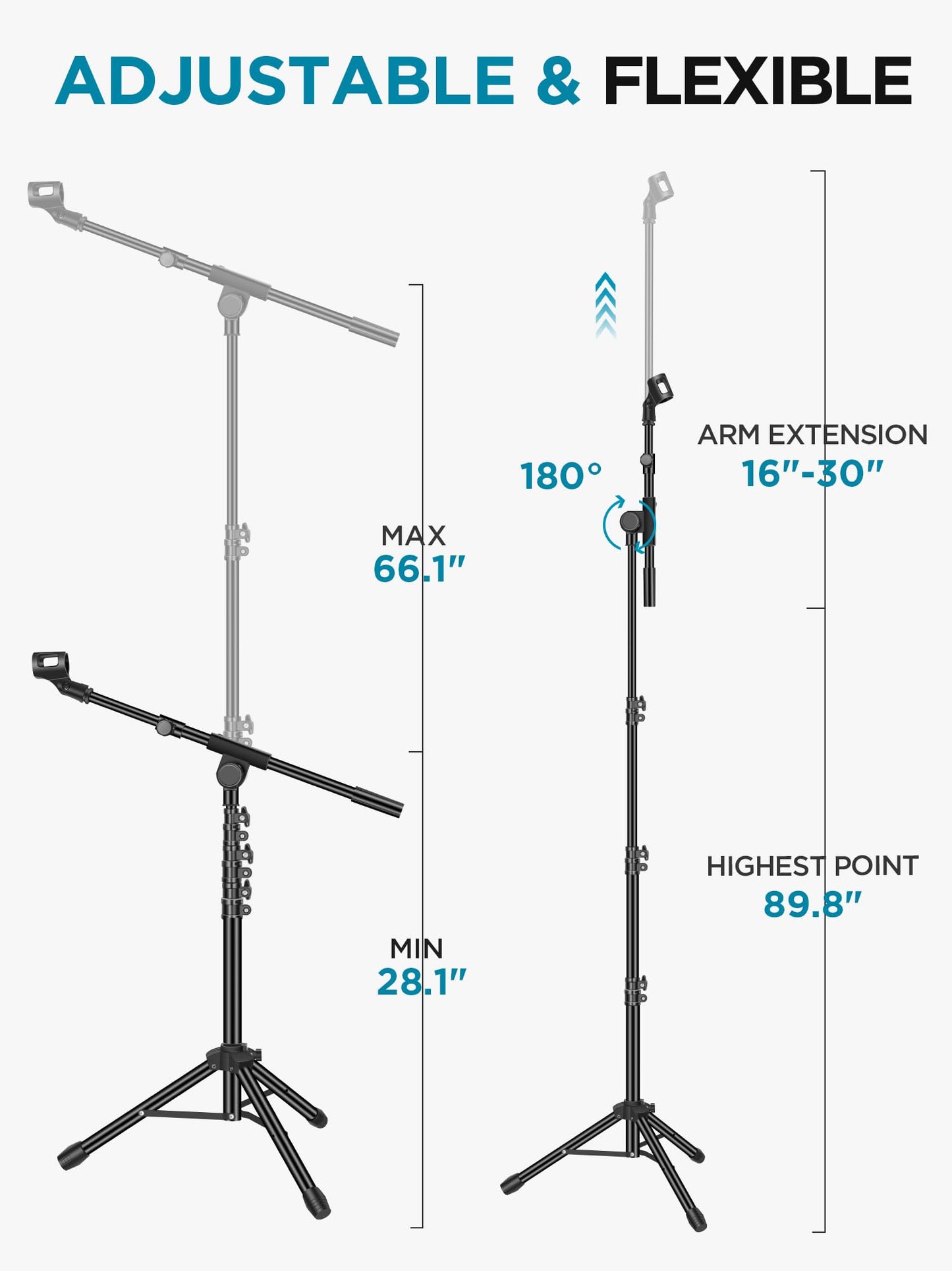 InnoGear Microphone Stand, Tripod Boom Arm Floor Mic Stand Height Adjustable Heavy Duty with Carrying Bag 2 Mic Clips 3/8" to 5/8" Adapter for Singing Podcast for Blue Yeti Shure SM58 SM48 Samson Q2U
