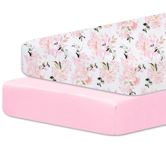 Little Grape Land Pack and Play Sheets Mini Crib Sheets Soft Breathable Pack N Play Sheets, Playard Fitted Sheet 2 Pack Stretchy Fits 38"x26" Playard Mattress, Pink Floral