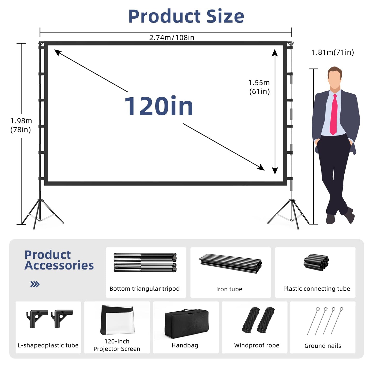Projector Screen Outdoor, Vamvo Projector Screen with Stand Portable 120" Foldable ProjectorScreen, 10 Feet Indoor Movie-Screen with Carrying Bag for Home Theater Backyard Movie Night